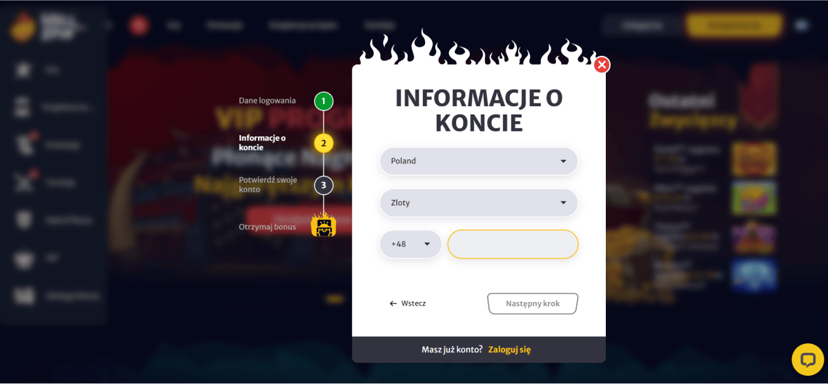 HellSpin CASINO Rejestracja Krok 2