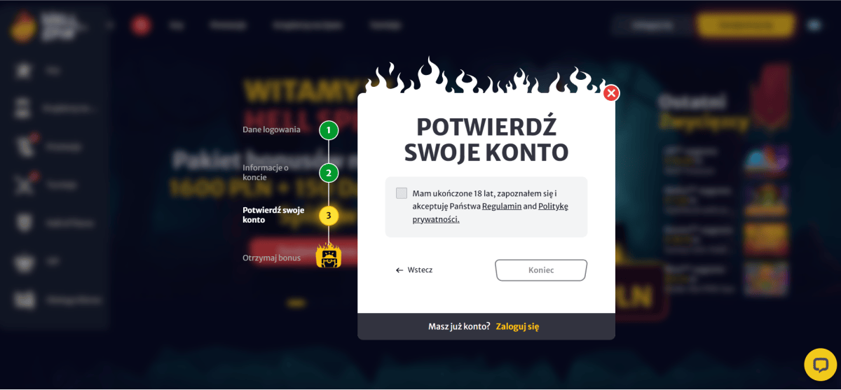 HellSpin CASINO Rejestracja Krok 5